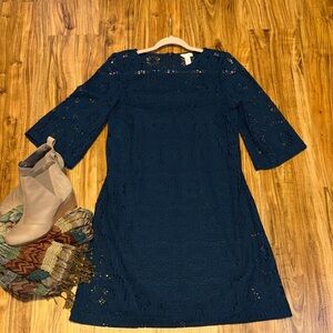 Chico's 2 large 12 dress teal blue green  lace crochet  mini knee 3/4 sleeve